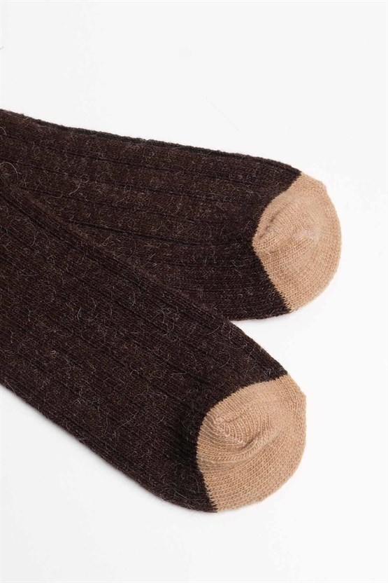 Mısırlı Unisex Alpaka Yünü Kışlık Çemberli Tekli Soket Çorap Kahverengi