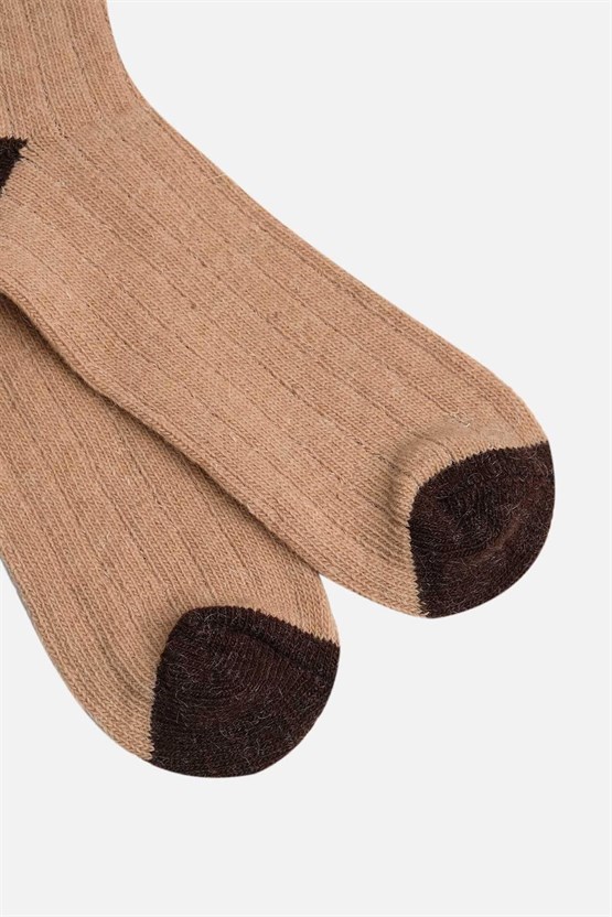 Mısırlı Unisex Alpaka Yünü Kışlık Çemberli Tekli Soket Çorap Bej