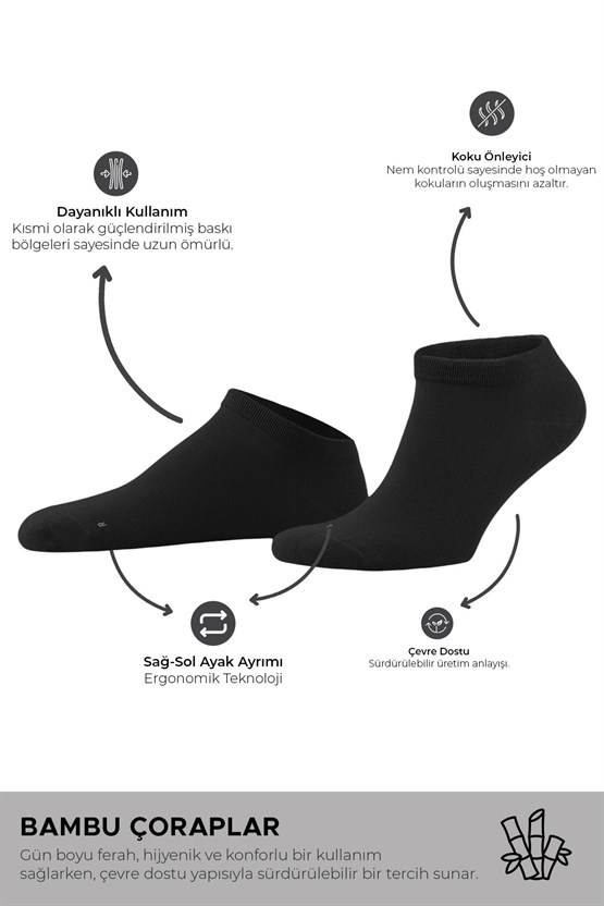Mısırlı Unisex Bambu 7 Çift Patik Çorap Siyah