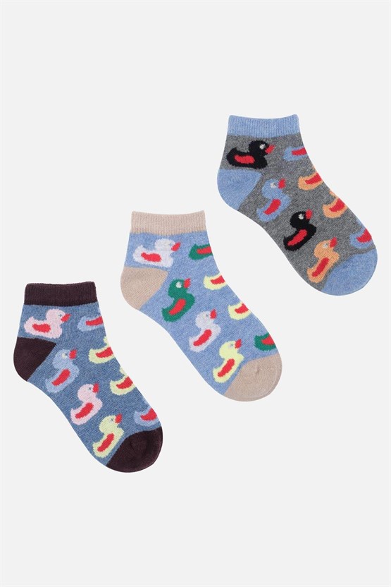 Mısırlı Unisex Pamuklu 3 Çift Ördek Desenli Çocuk Patik Çorap Ördek Desenli