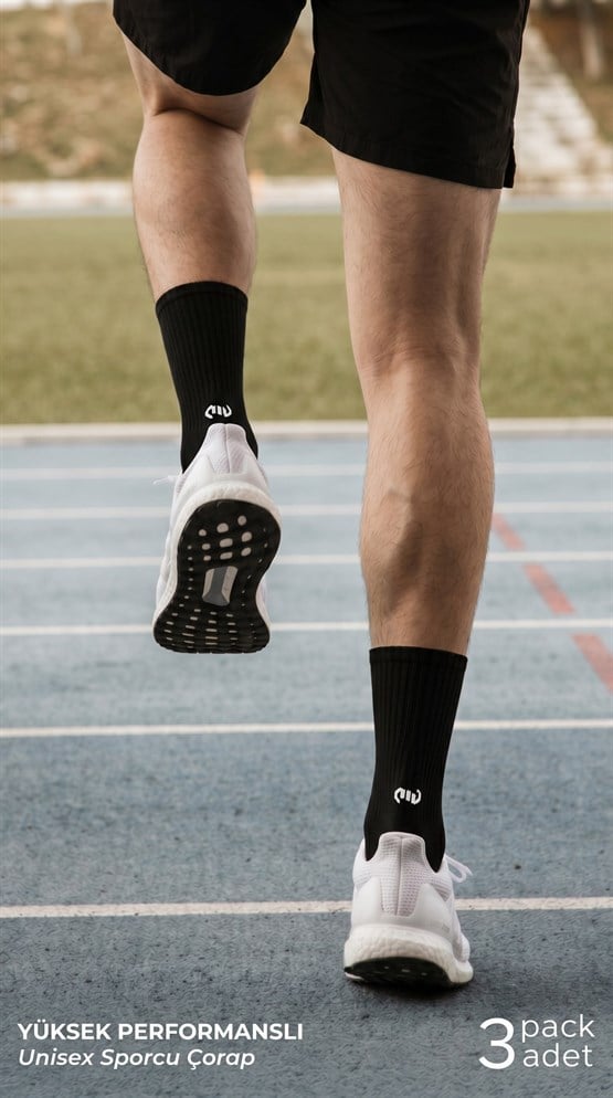 Mısırlı Unisex Pamuklu Spor Çorap, 3lü Siyah