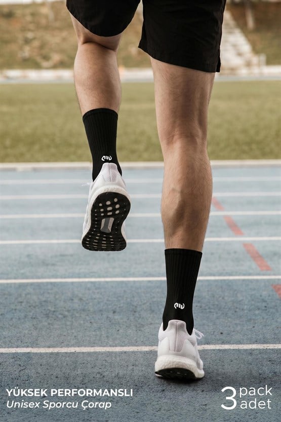 Mısırlı Unisex Pamuklu Spor Çorap, 3lü Siyah