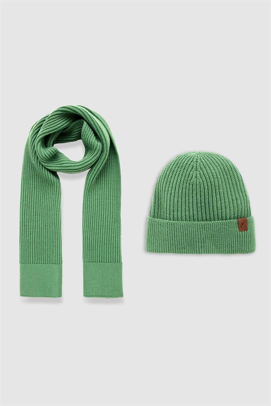 Mısırlı Unisex Yün Atkı Bere Takımı - RoseLuis Yeşil