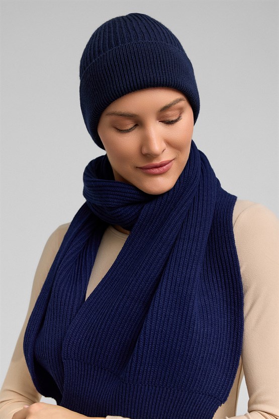 Mısırlı Unisex Yün Atkı Bere Takımı - RoseLuis Lacivert