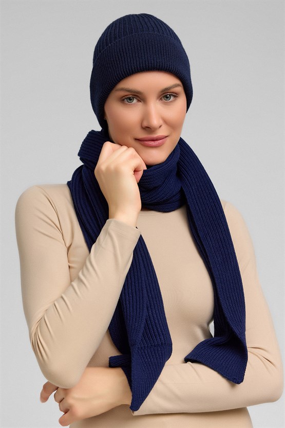 Mısırlı Unisex Yün Atkı Bere Takımı - RoseLuis Lacivert