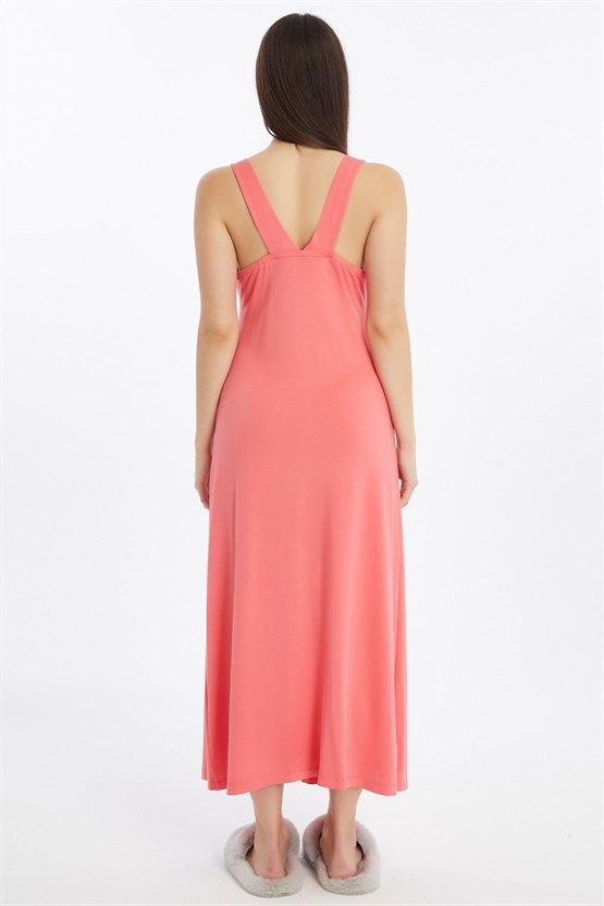 Mısırlı Viscon Kalın Askılı Örme Uzun Gecelik Mercan