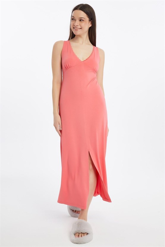 Mısırlı Viscon Kalın Askılı Örme Uzun Gecelik Mercan