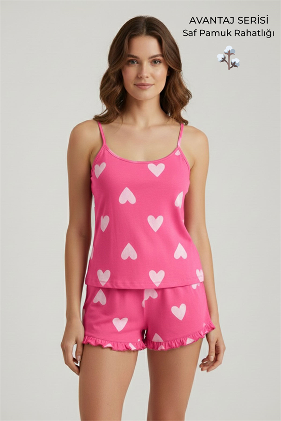 Pamuklu Askılı Tişört Şort Takım Koyu Pembe