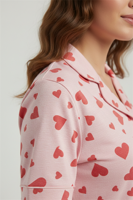 Kadın Pamuklu Kısa Kollu Gömlek Şortlu Takım Açık Pembe