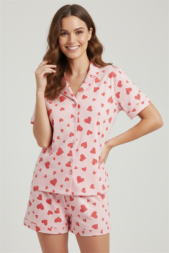 Kadın Pamuklu Kısa Kollu Gömlek Şortlu Takım Açık Pembe