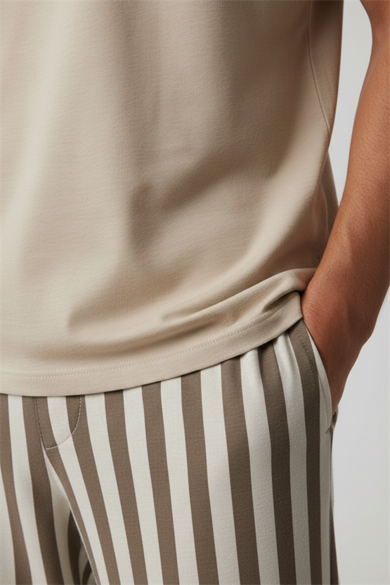 Pamuklu Kısa Kollu Pijama Takım Bej-Kahverengi