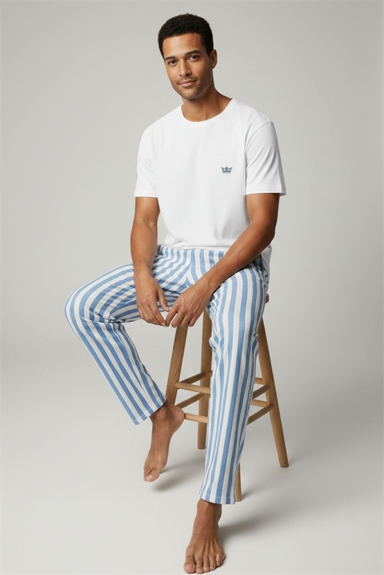 Pamuklu Kısa Kollu Pijama Takım Beyaz-Mavi