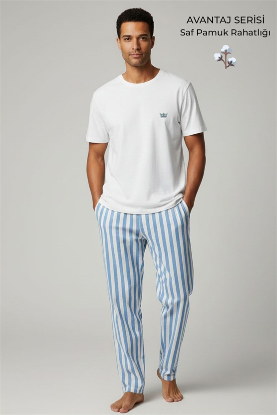 Pamuklu Kısa Kollu Pijama Takım Beyaz-Mavi