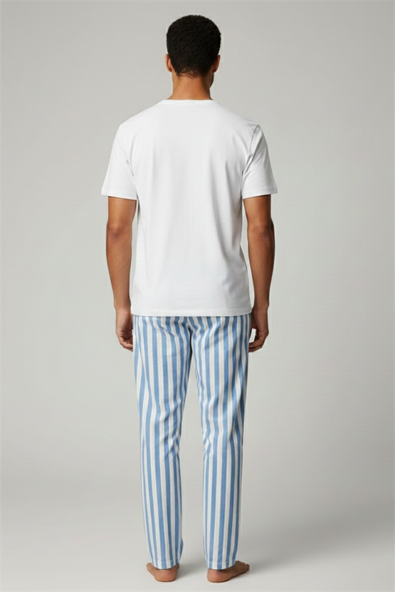 Pamuklu Kısa Kollu Pijama Takım Beyaz-Mavi