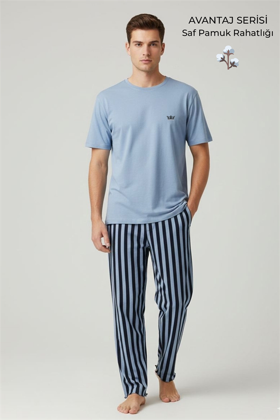 Pamuklu Kısa Kollu Pijama Takım Mavi-Lacivert