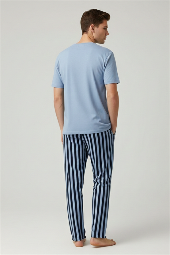 Pamuklu Kısa Kollu Pijama Takım Mavi-Lacivert