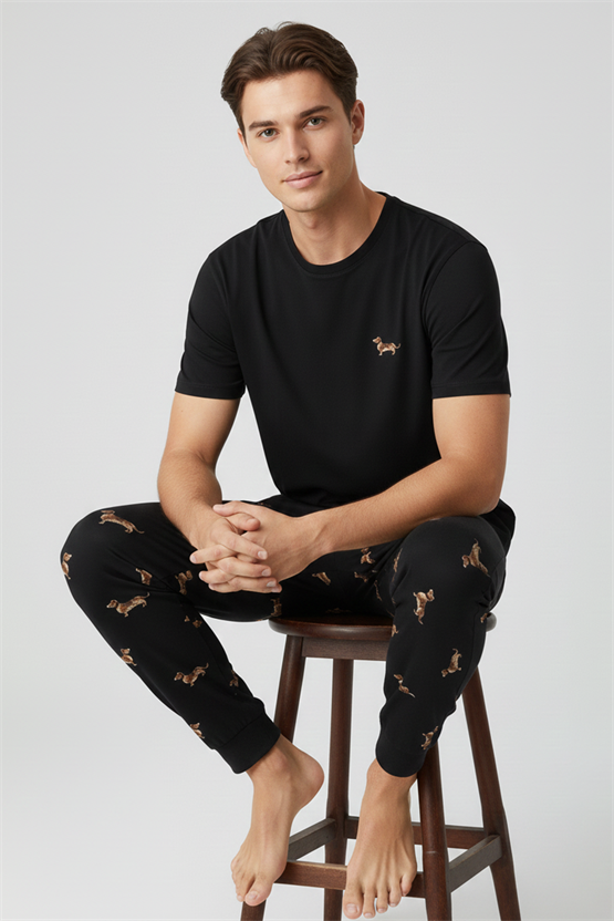 Pamuklu Kısa Kollu Pijama Takım Siyah