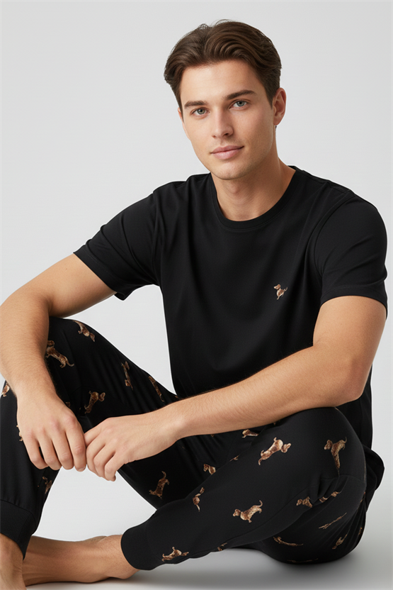 Pamuklu Kısa Kollu Pijama Takım Siyah