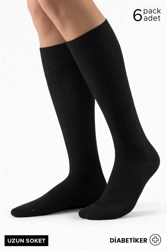 Unisex Bambu 6 Çift Diabetiker Lastiksiz Uzun Soket Çorap Siyah