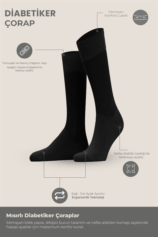 Unisex Bambu 6 Çift Diabetiker Lastiksiz Uzun Soket Çorap Siyah