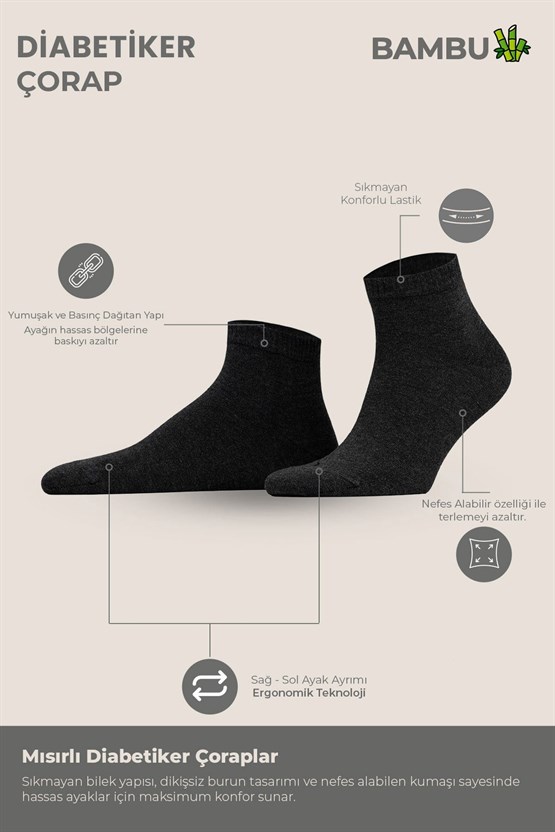 Unisex Bambu Diyabetik Sneaker Çorap Antrasit