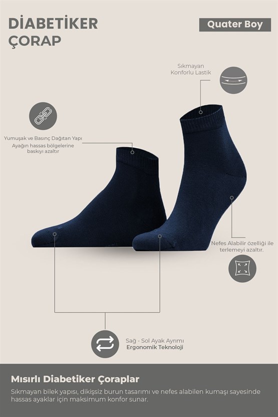 Unisex Diyabetik Bambu Kısa Konç Çorap Lacivert