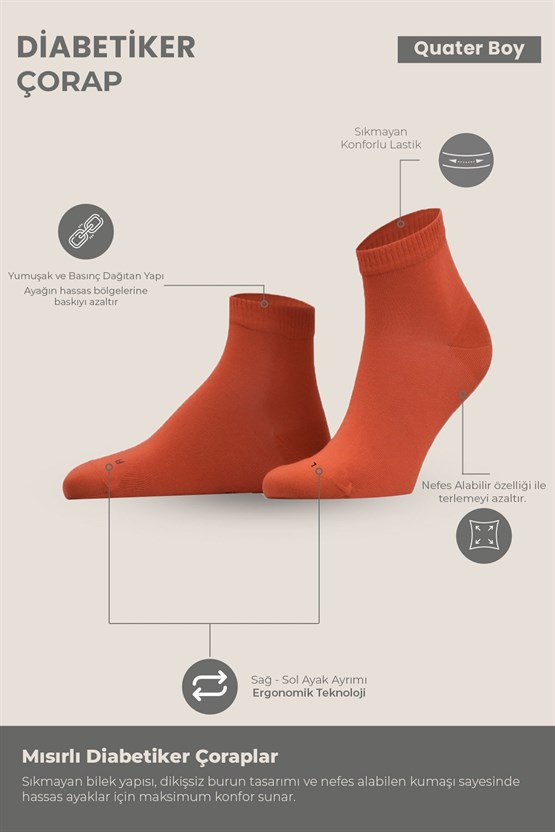 Unisex Diyabetik Bambu Kısa Konç Çorap Pas Kırmızı