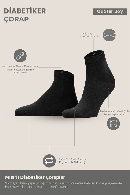 Unisex Diyabetik Bambu Kısa Konç Çorap Siyah