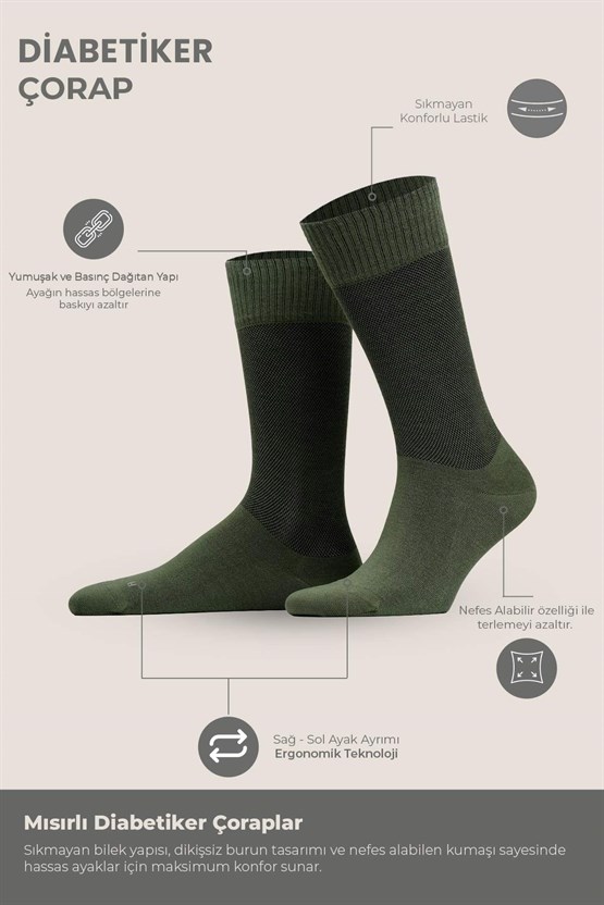 Unisex Diyabetik Bambu Soket Çorap Haki