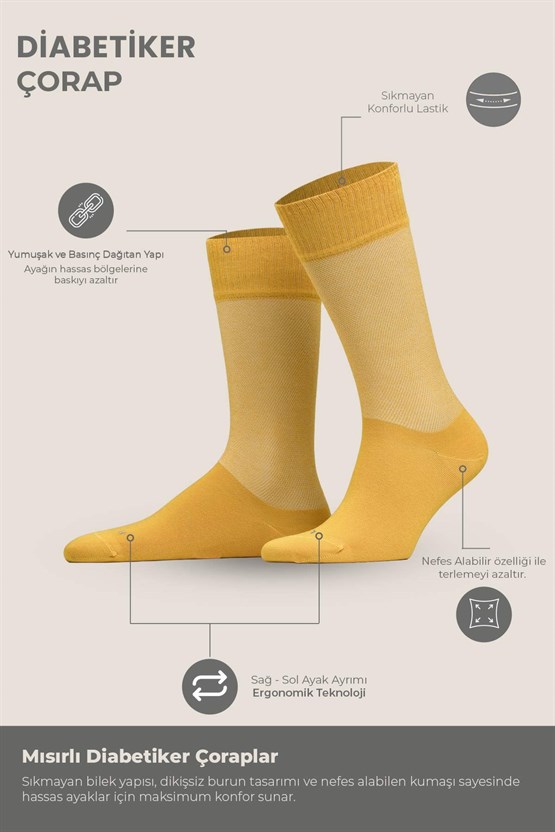 Unisex Diyabetik Bambu Soket Çorap Hardal