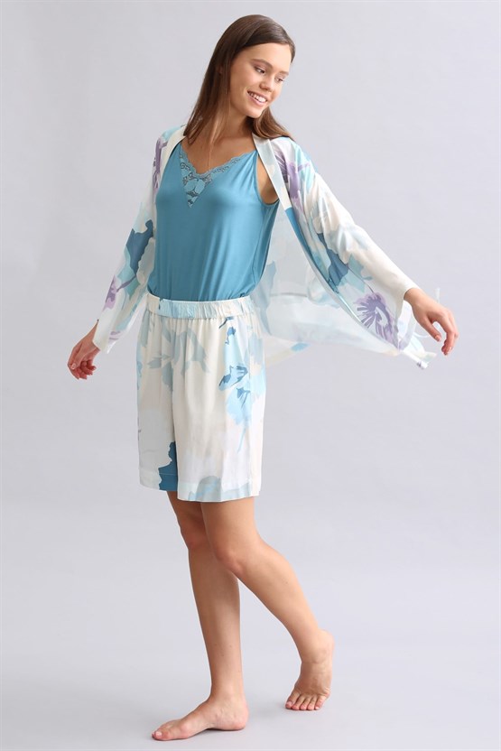 Viskon Aurora Desenli Dokuma Midi Şort Lacivert