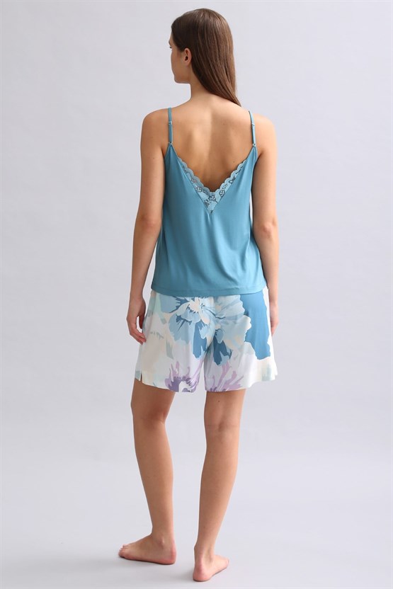 Viskon Aurora Desenli Dokuma Midi Şort Lacivert