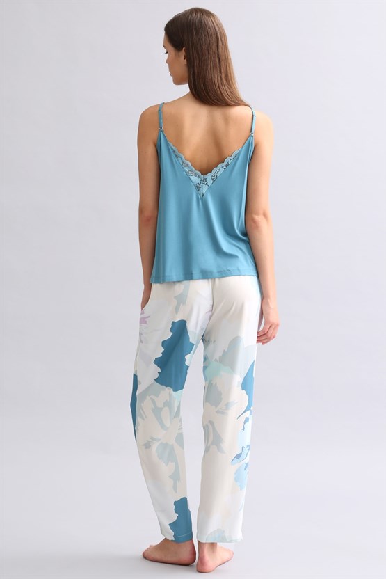 Viskon Aurora Desenli Geniş Paça Pijama Alt Lacivert