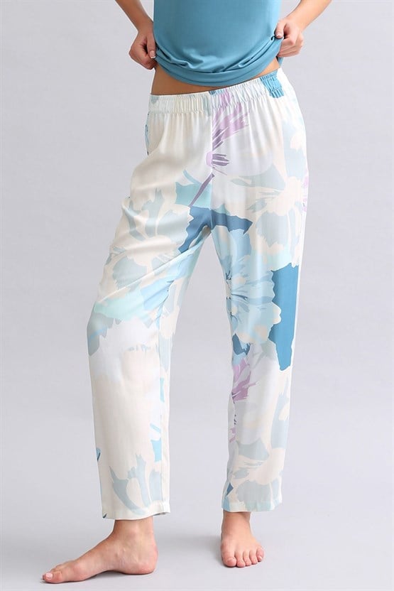 Viskon Aurora Desenli Geniş Paça Pijama Alt Lacivert