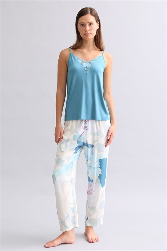 Viskon Aurora Desenli Geniş Paça Pijama Alt Lacivert