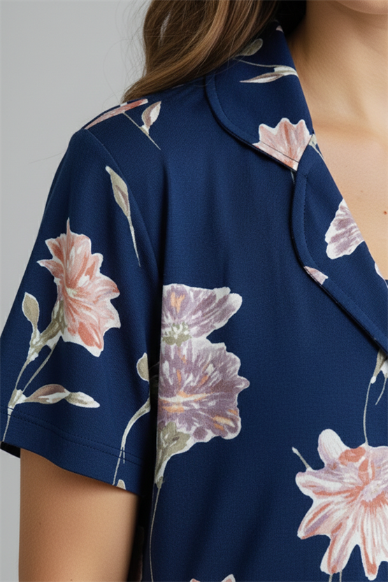 Viskon Kısa Kollu Askılı Tişört Şort Takım İndigo