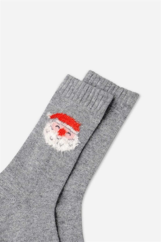 Aytuğ Kadın Kuzu Yünü (Lambswool) Tekli Yılbaşı Temalı Çorap Gri