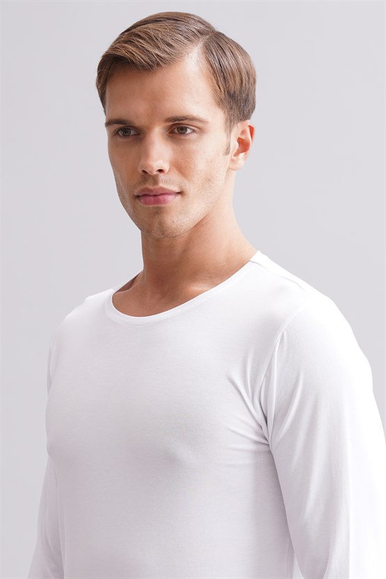 BAMBU HERCULES Slim Fit Bisiklet Yaka Uzun Kollu Erkek Fanila Beyaz