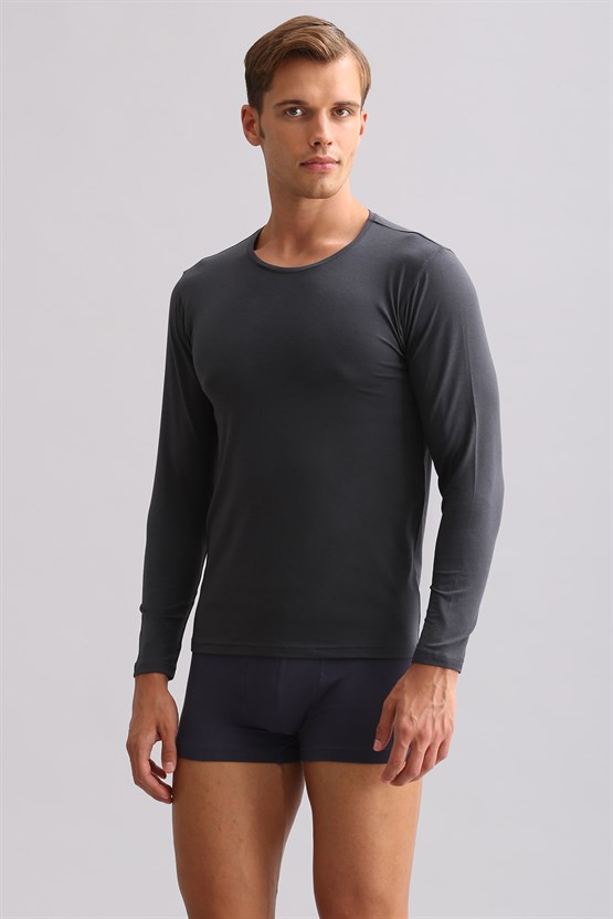 BAMBU HERCULES Slim Fit Bisiklet Yaka Uzun Kollu Erkek Fanila Antrasit