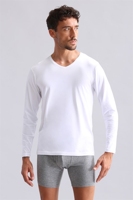 BAMBU HERCULES Slim Fit V Yaka Uzun Kollu Erkek  Fanila Beyaz