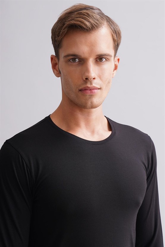 Mısırlı Modal by TENCEL HERCULES Slim Fit Bisiklet Yaka Uzun Kollu Fanila / T-Shirt Siyah