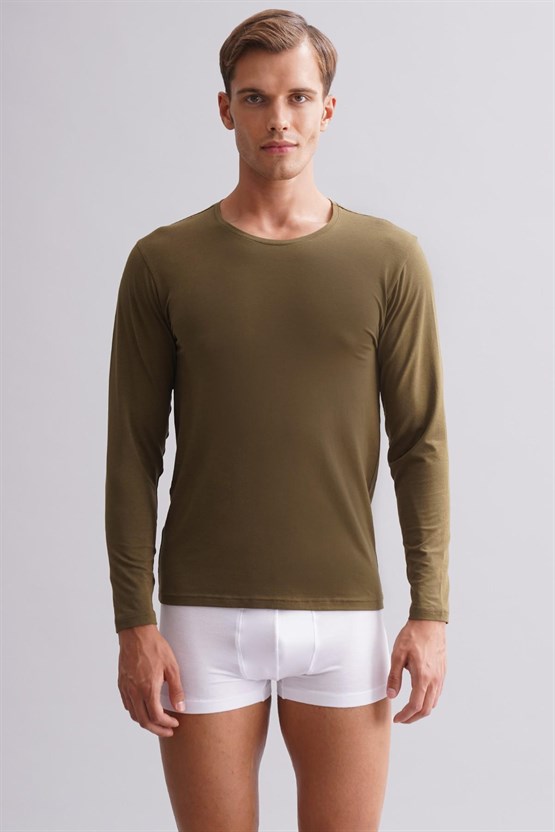 Erkek Modal by TENCEL HERCULES Slim Fit Bisiklet Yaka Uzun Kollu Fanila Koyu Haki