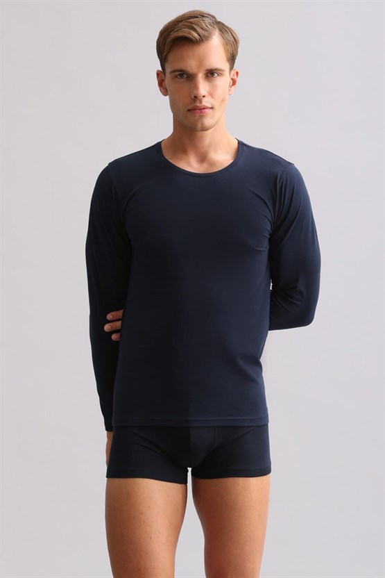 Erkek Modal by TENCEL HERCULES Slim Fit Bisiklet Yaka Uzun Kollu Fanila Lacivert