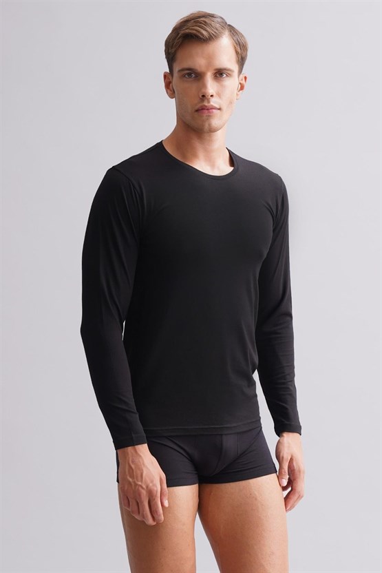 Mısırlı Modal by TENCEL HERCULES Slim Fit Bisiklet Yaka Uzun Kollu Fanila / T-Shirt Siyah