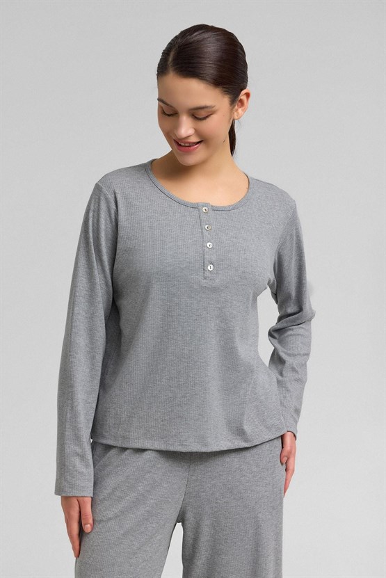 Kadını Kaşkorse Uzun Kollu Sweatshirt Gri Melanj