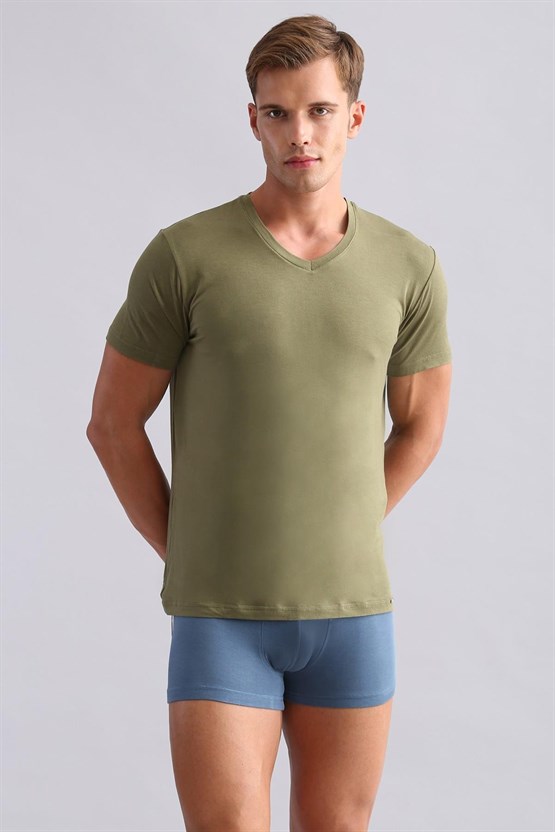Mısırlı BAMBU ZEUS LUXURY Regular Fit V Yaka Fanila / T-Shirt Haki Zeytin