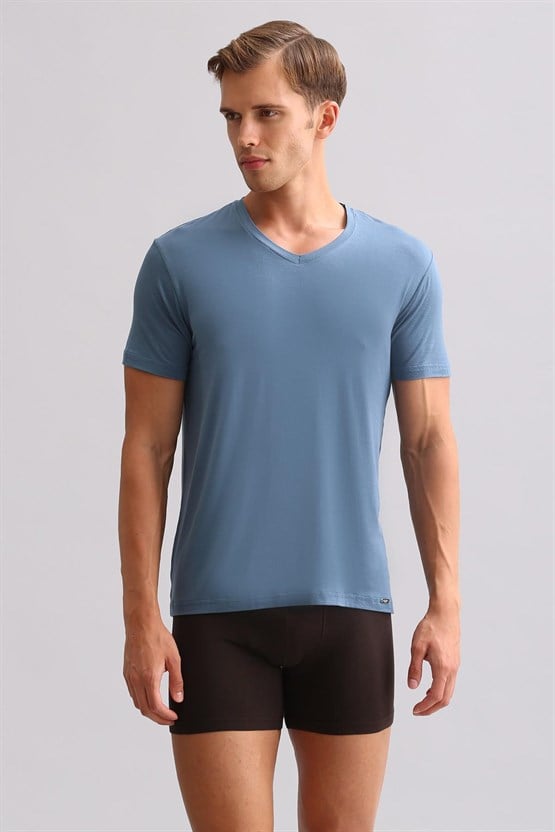 Mısırlı BAMBU ZEUS LUXURY Regular Fit V Yaka Fanila / T-Shirt Gece Mavisi