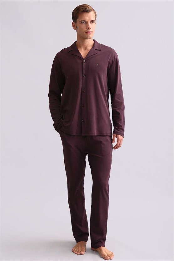 Mısırlı Erkek Bambu Gömlek Pijama Takımı Bordo