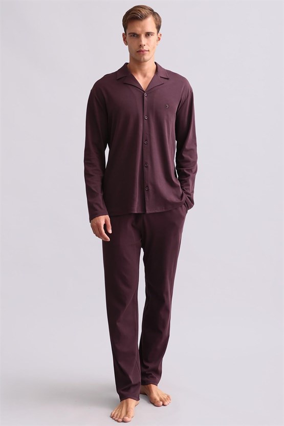 Mısırlı Erkek Bambu Gömlek Pijama Takımı Bordo