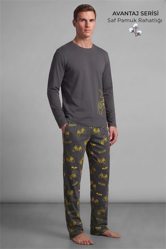 Mısırlı Erkek Bisiklet Yaka Baskılı Pijama Takımı Antrasit